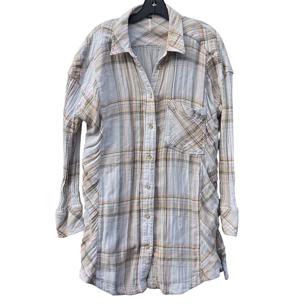 Free People Nordic Day Boho Plaid Tunic Slouchy Pastel Gauze Oversized Top Small